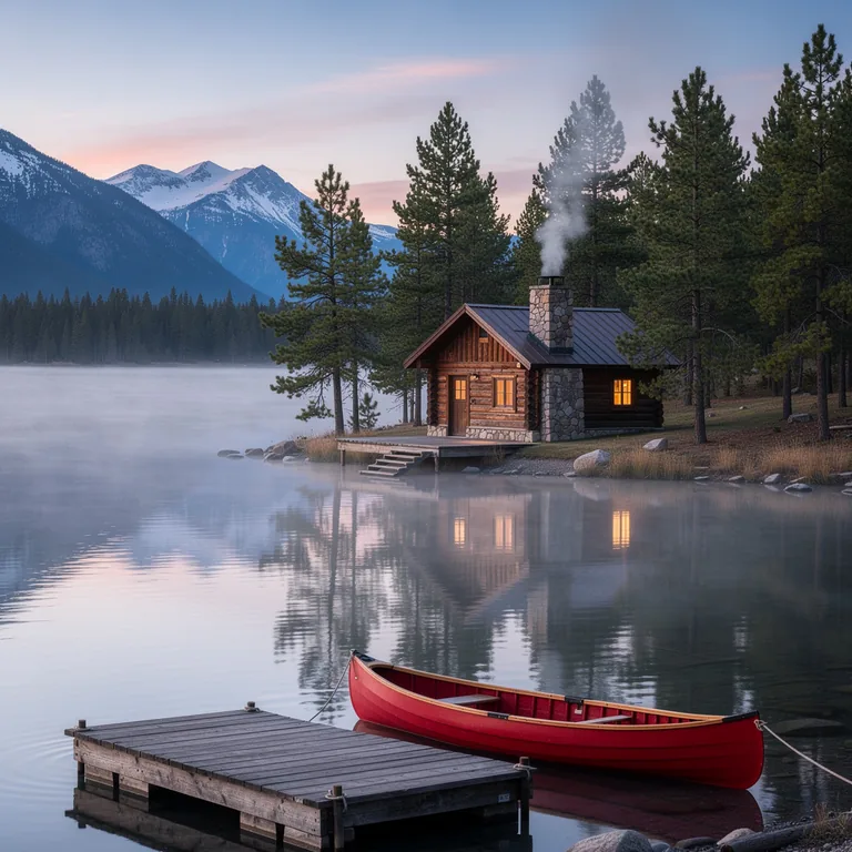FLUX.2 Pro: cabin with smoking chimney, red canoe next to a dock