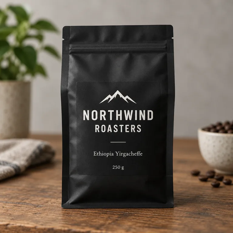 GPT Image 2.5 Flare: coffee bag with all three label lines correct