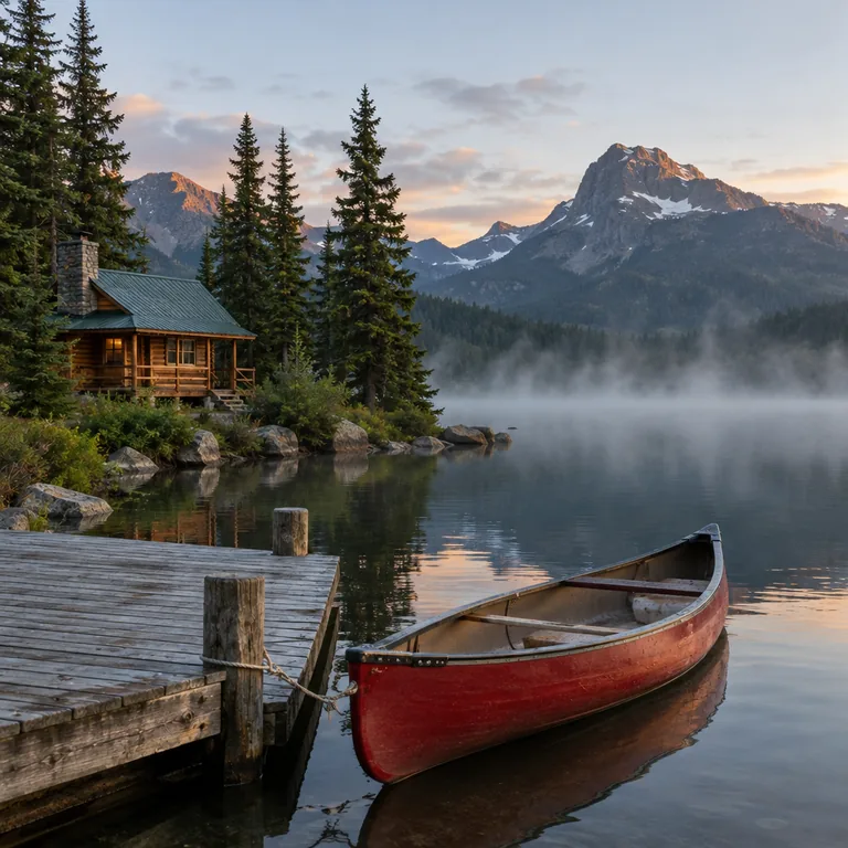 GPT Image 2.5 Flare: cabin, misty lake, red canoe tied to a dock