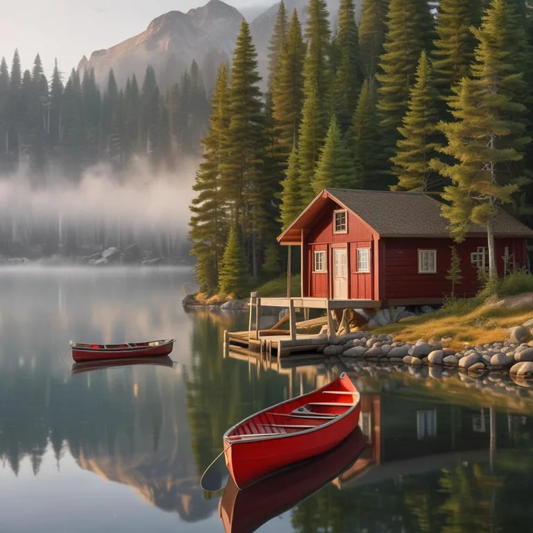 SDXL Turbo: red cabin and two canoes, neither at the dock