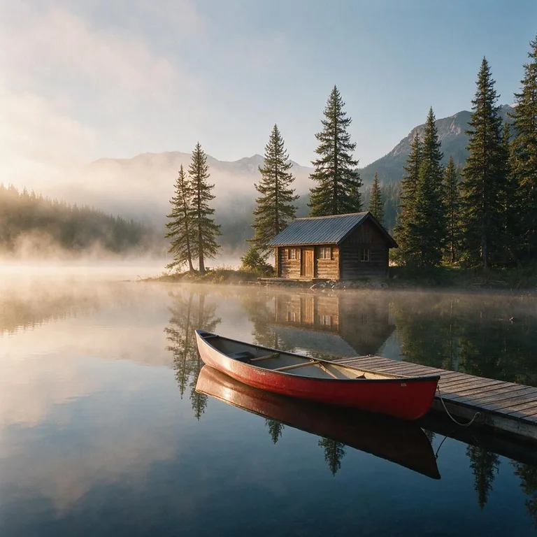 Seedream 5.0 Pro: cabin across a misty lake, red canoe at a dock